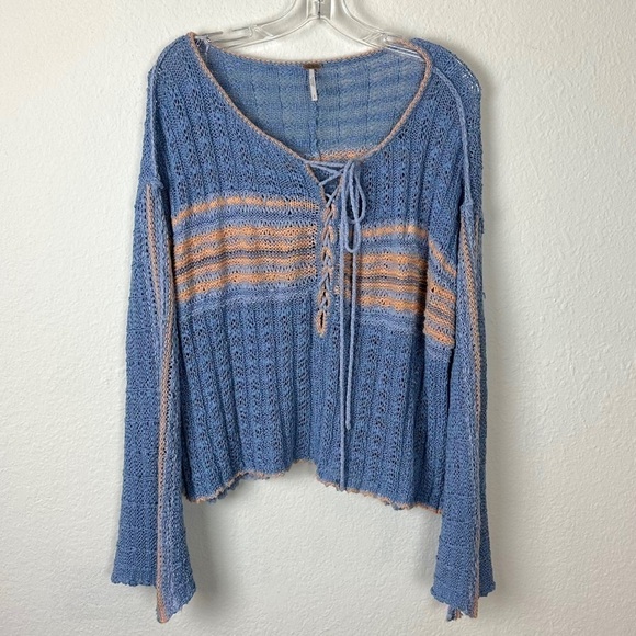 FREE PEOPLE Marina Bay Lace-Up Sweater in Sunset Combo Size Small Bell Sleeve - Picture 10 of 16